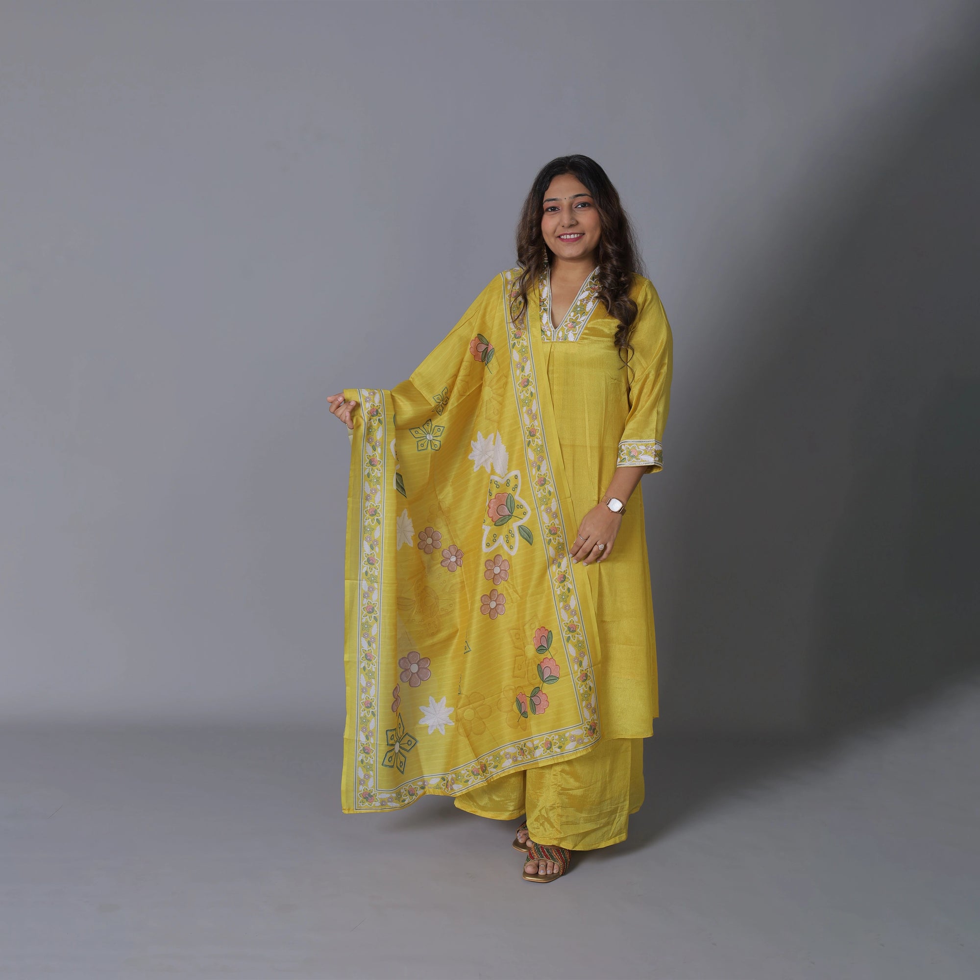 Vibrant Yellow A-Line Chiffon Silk Kurti Set