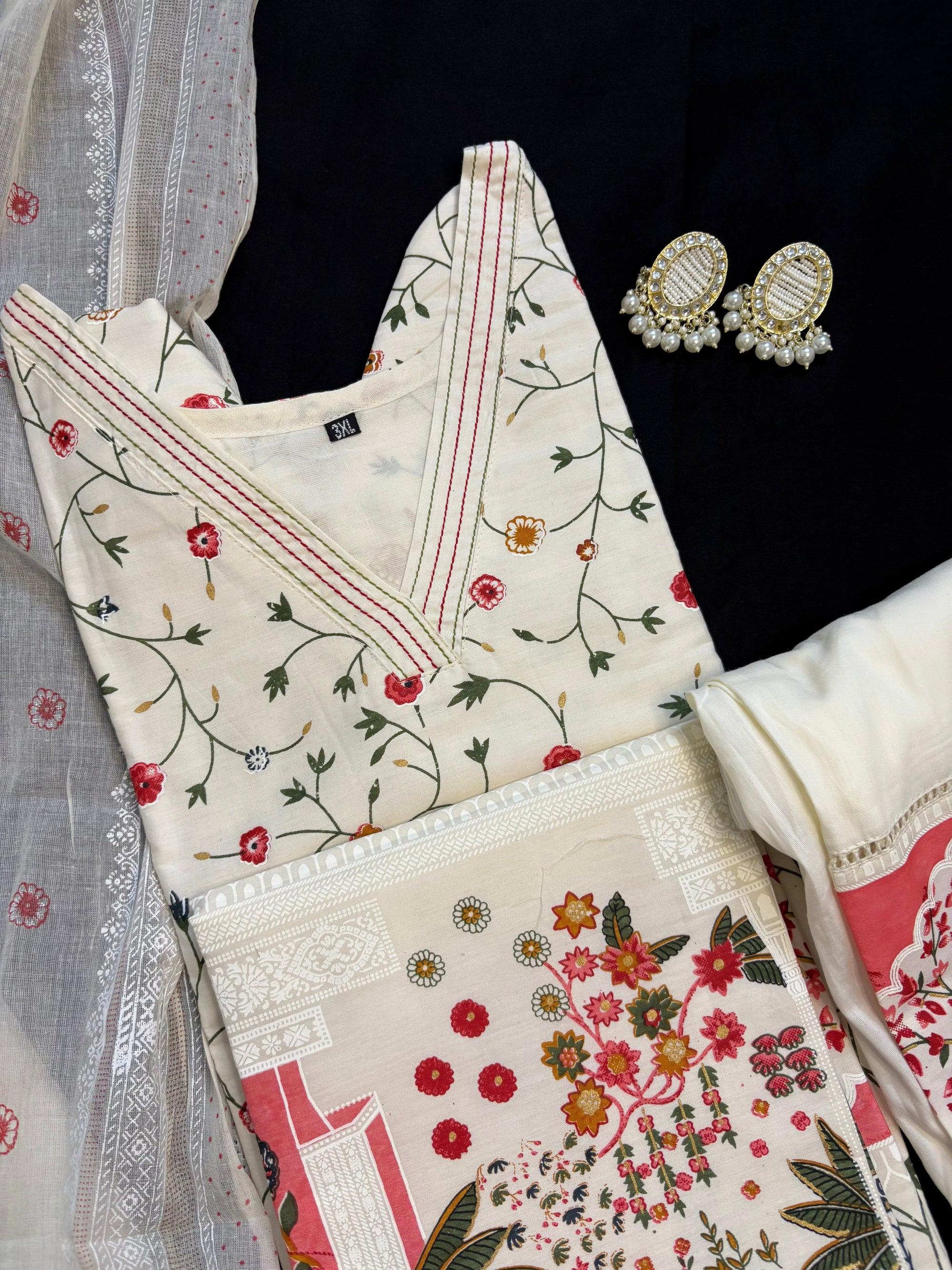 Elegant White & Pink Printed Cotton Suit Set