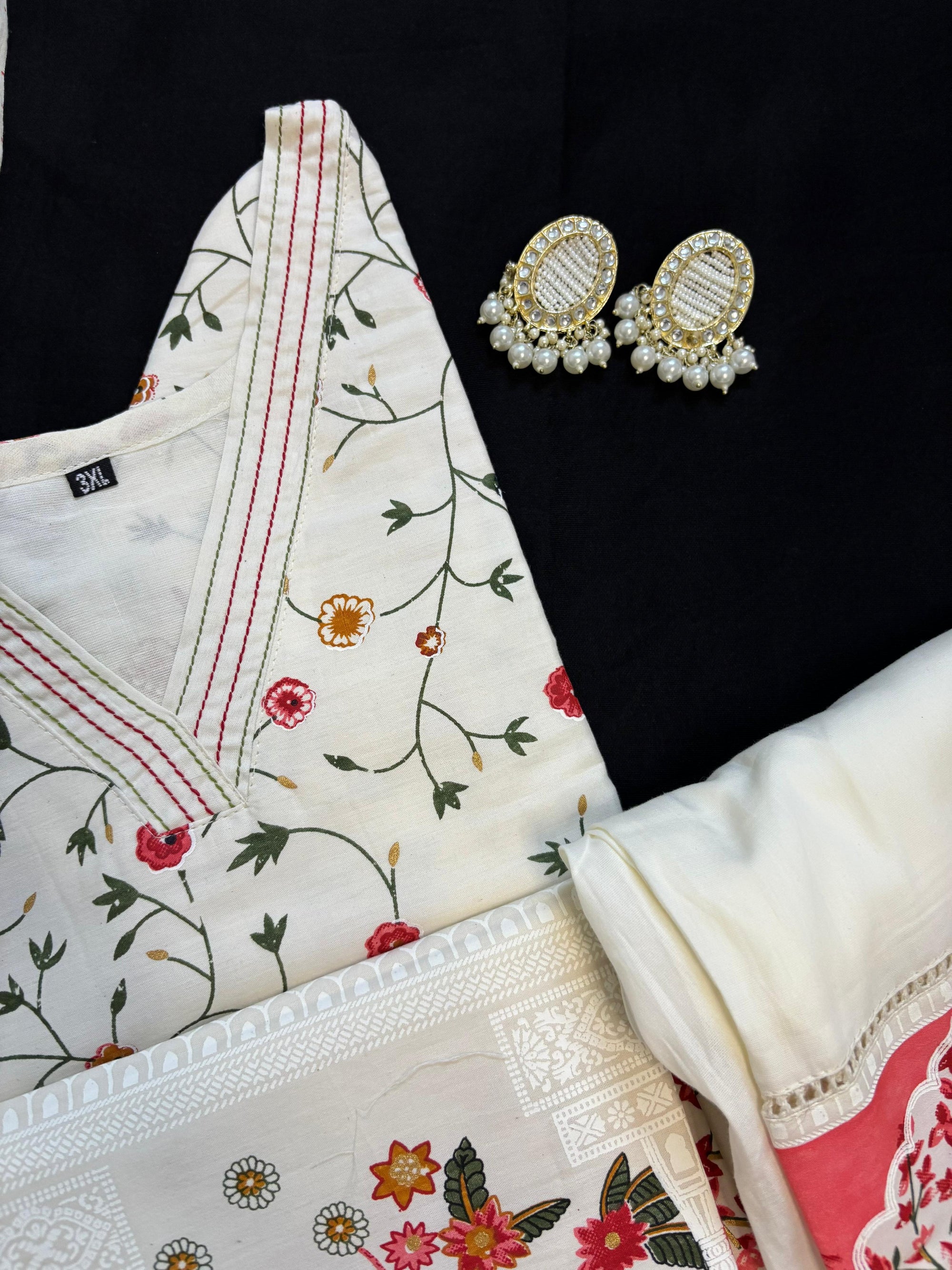 Elegant White & Pink Printed Cotton Suit Set