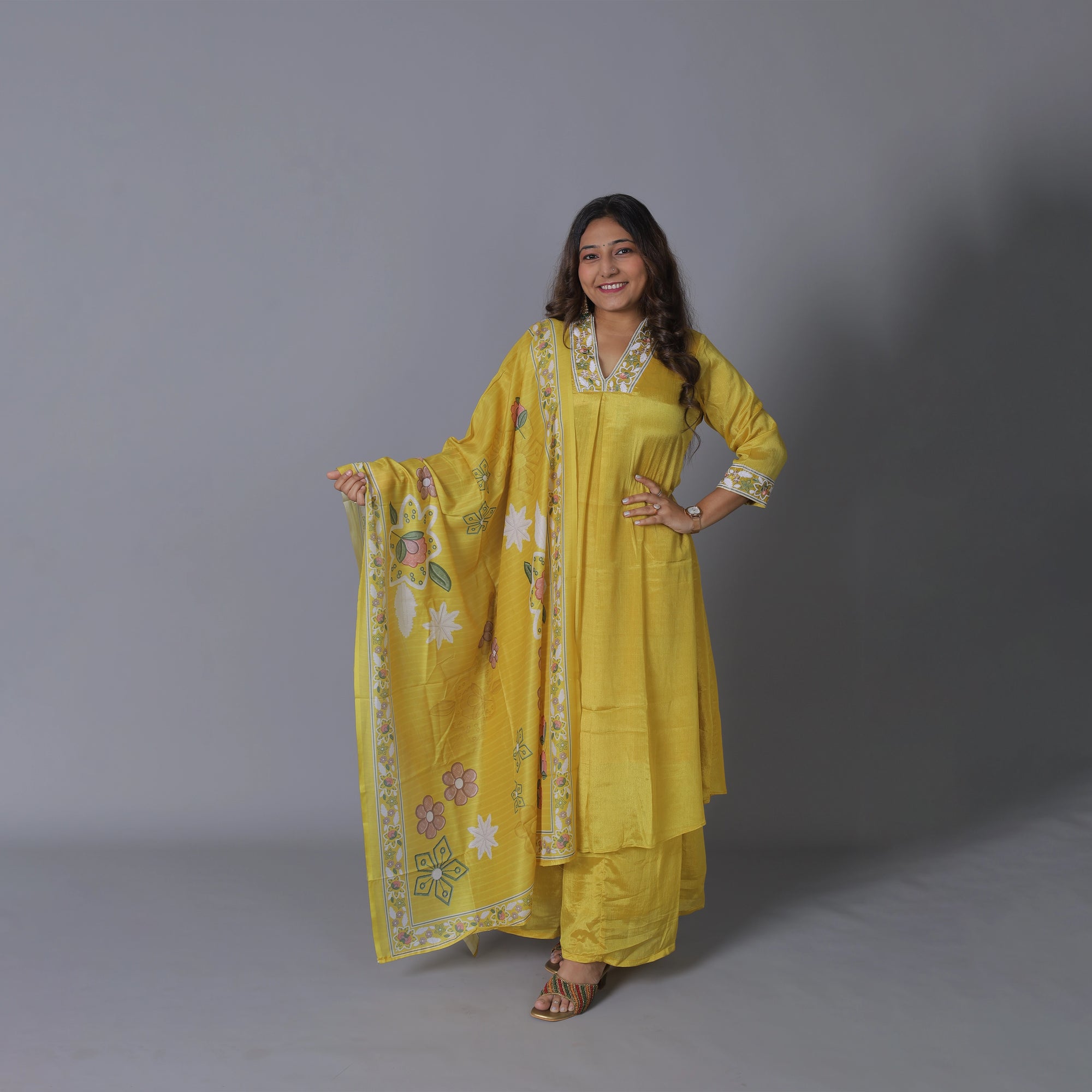 Vibrant Yellow A-Line Chiffon Silk Kurti Set