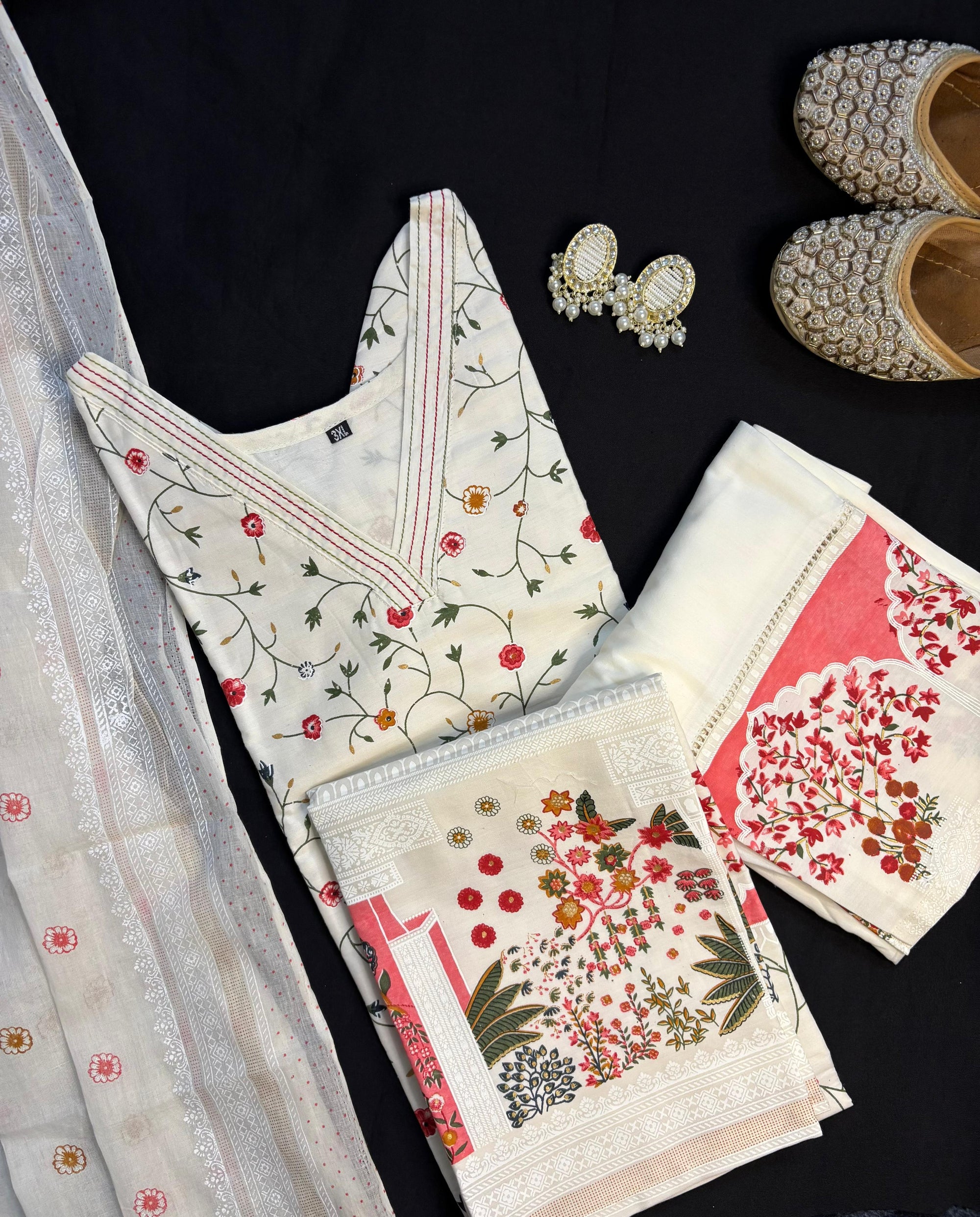 Elegant White & Pink Printed Cotton Suit Set