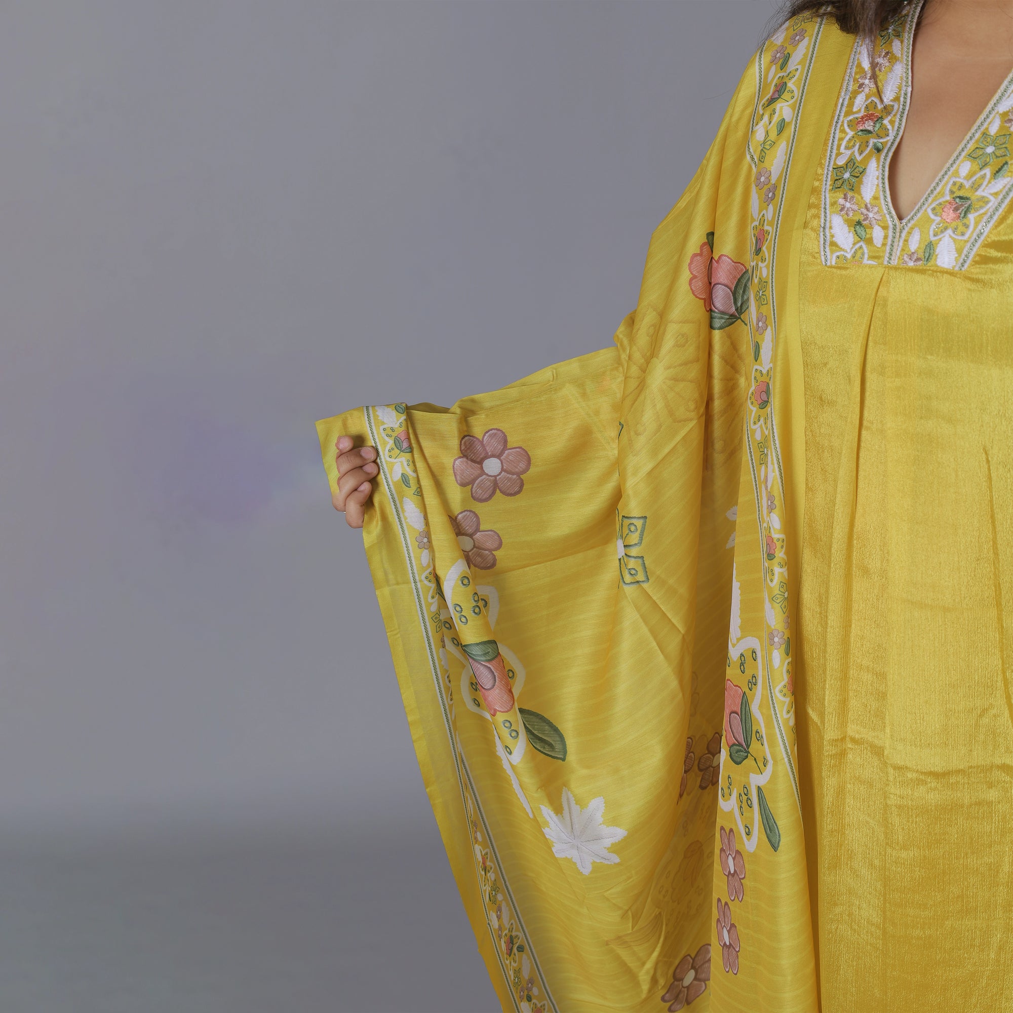 Vibrant Yellow A-Line Chiffon Silk Kurti Set