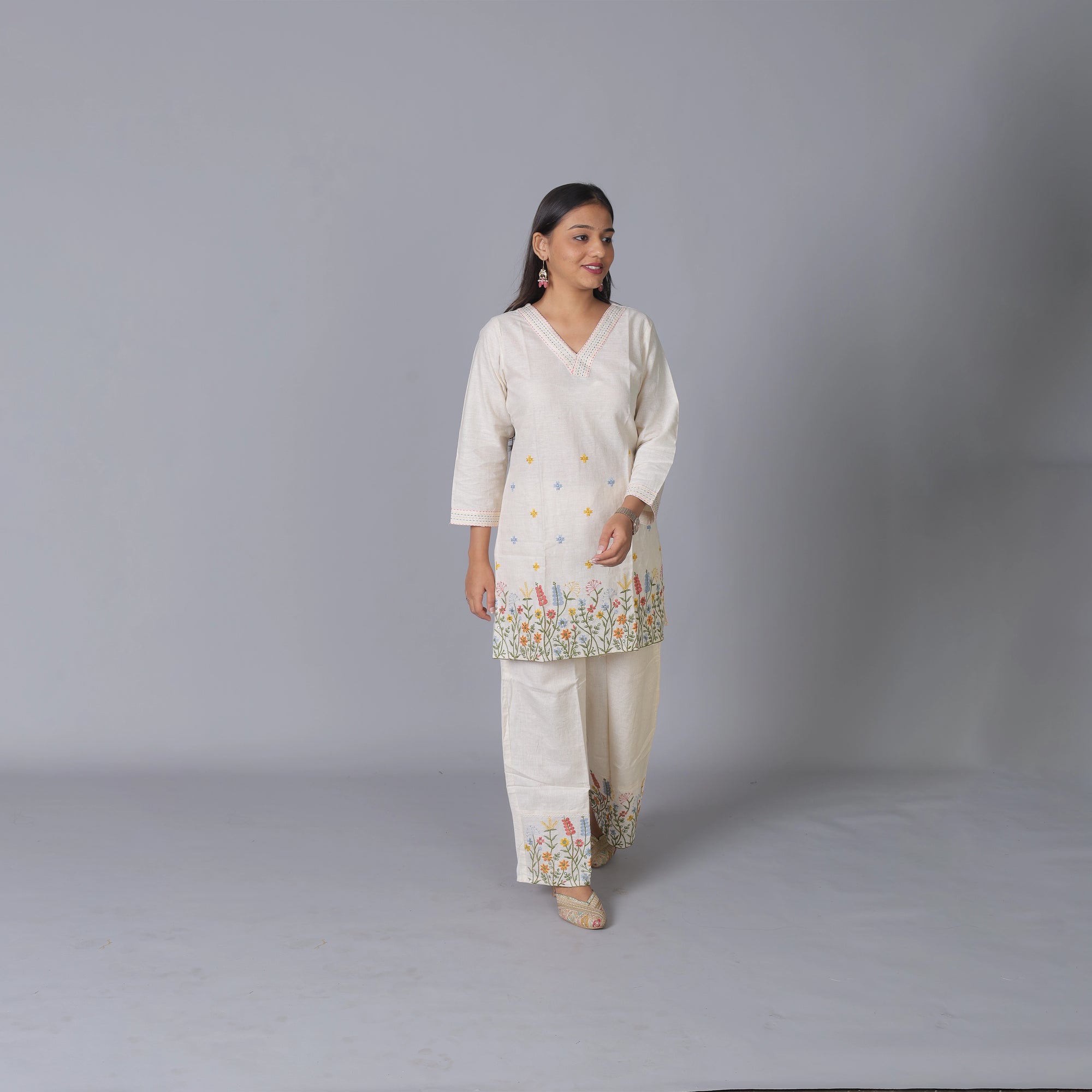 Floral Embroidered Pure Khadi Cotton Co-Ord Set