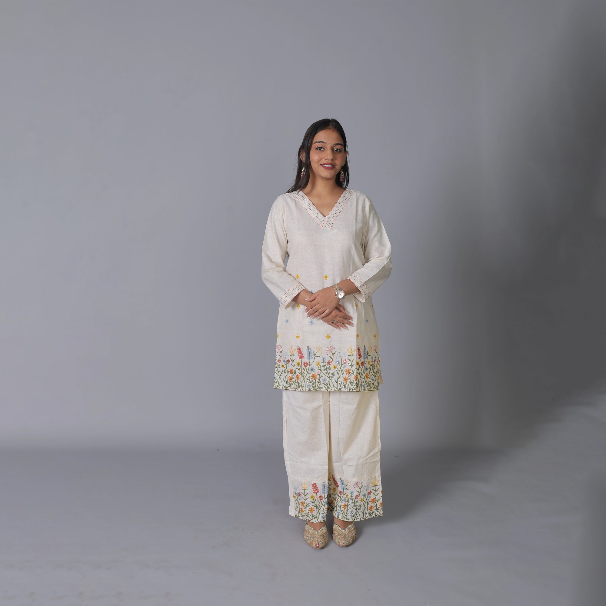 Floral Embroidered Pure Khadi Cotton Co-Ord Set