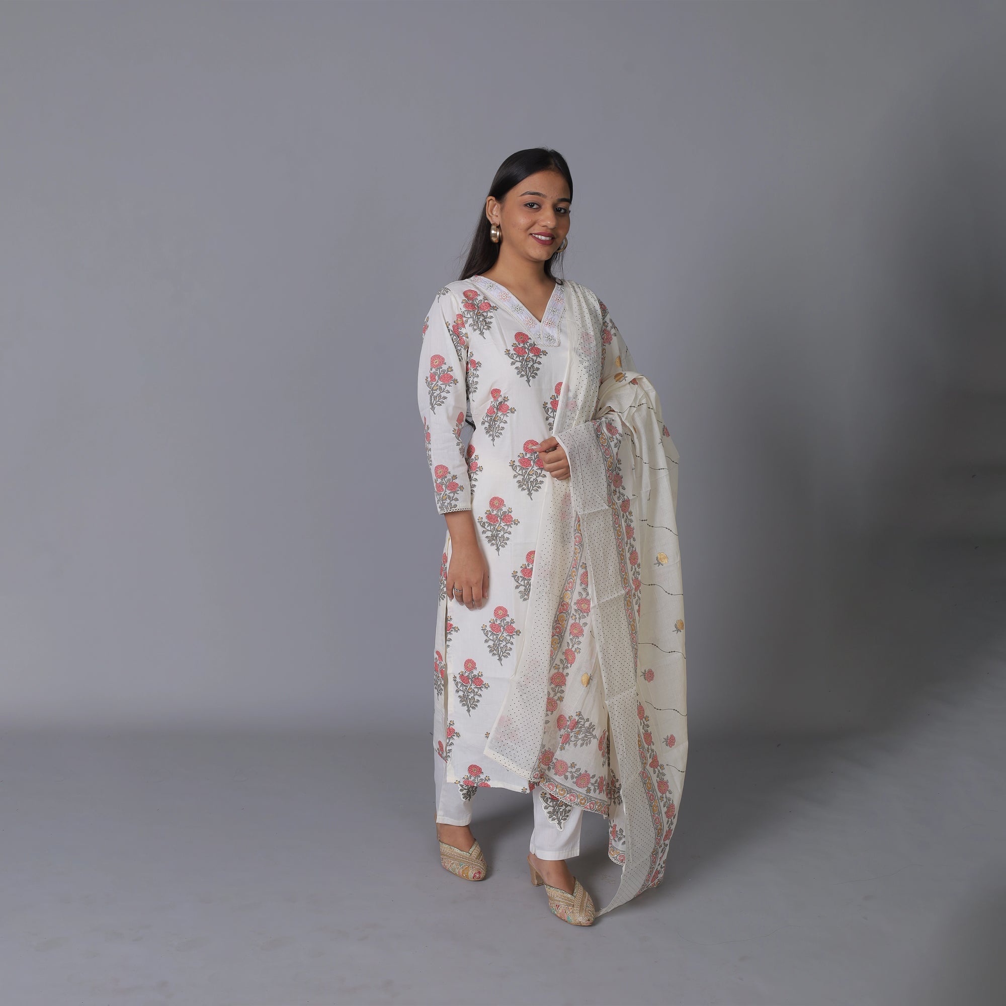 Fresh Floral White Cotton Kurti Set