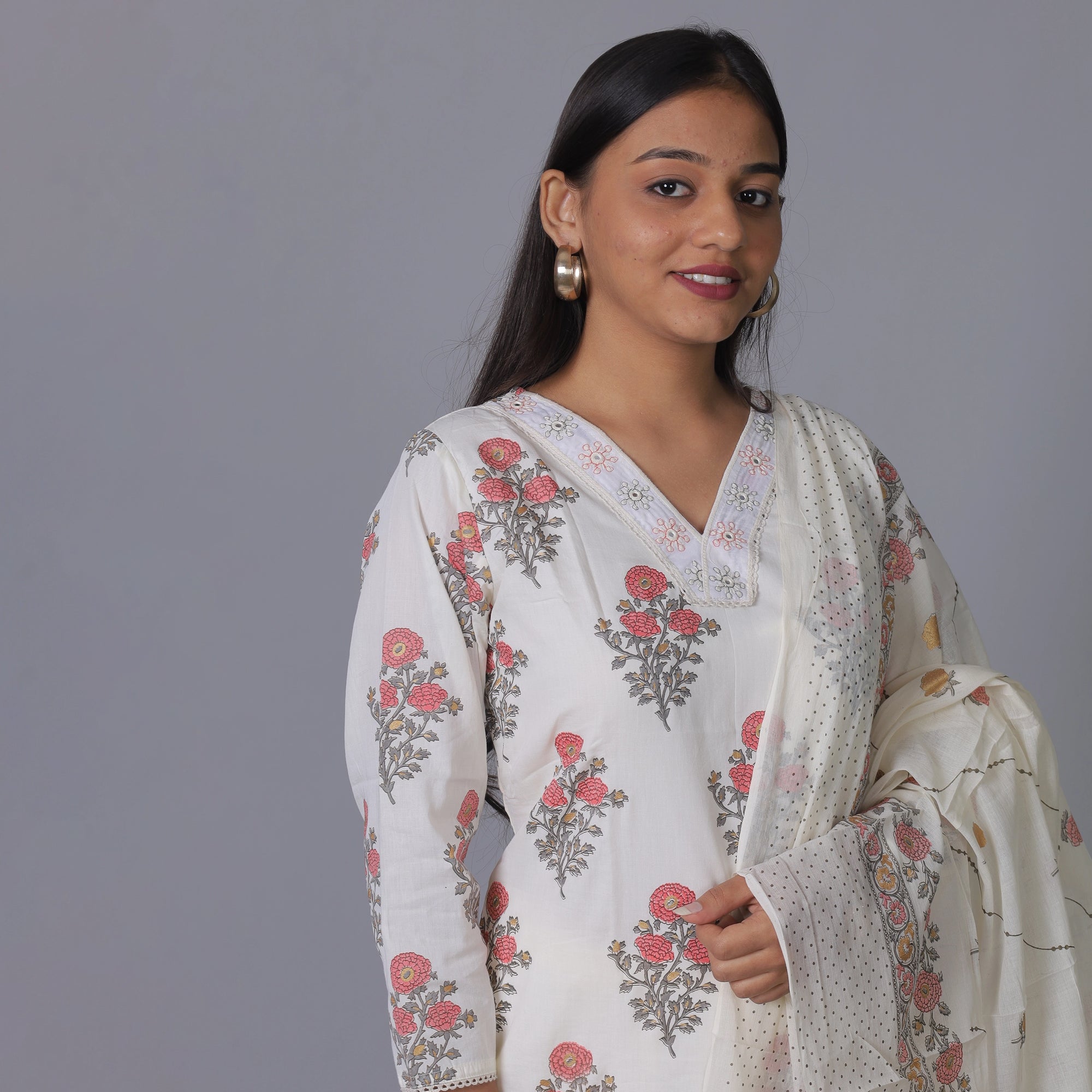 Fresh Floral White Cotton Kurti Set