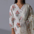 Fresh Floral White Cotton Kurti Set