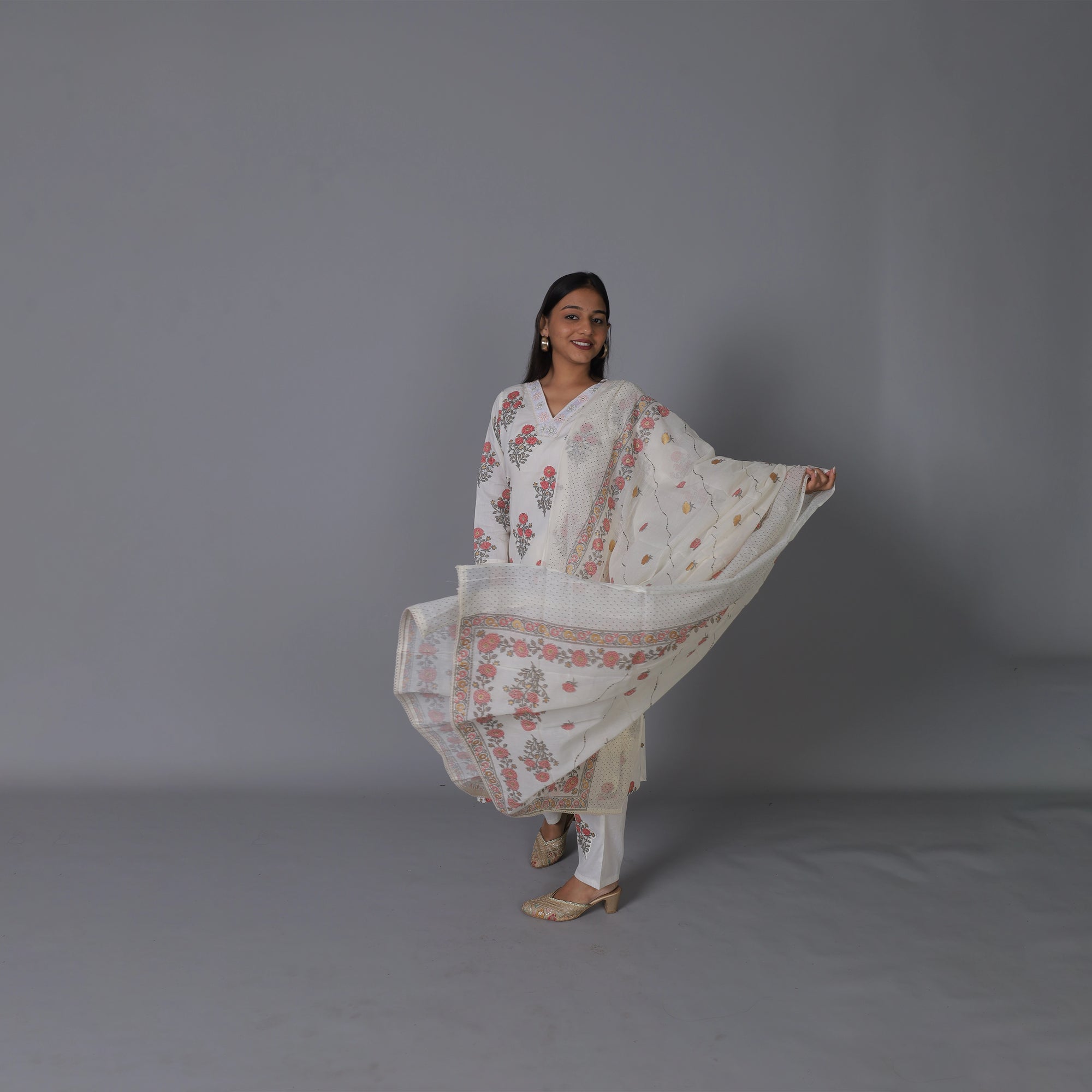 Fresh Floral White Cotton Kurti Set