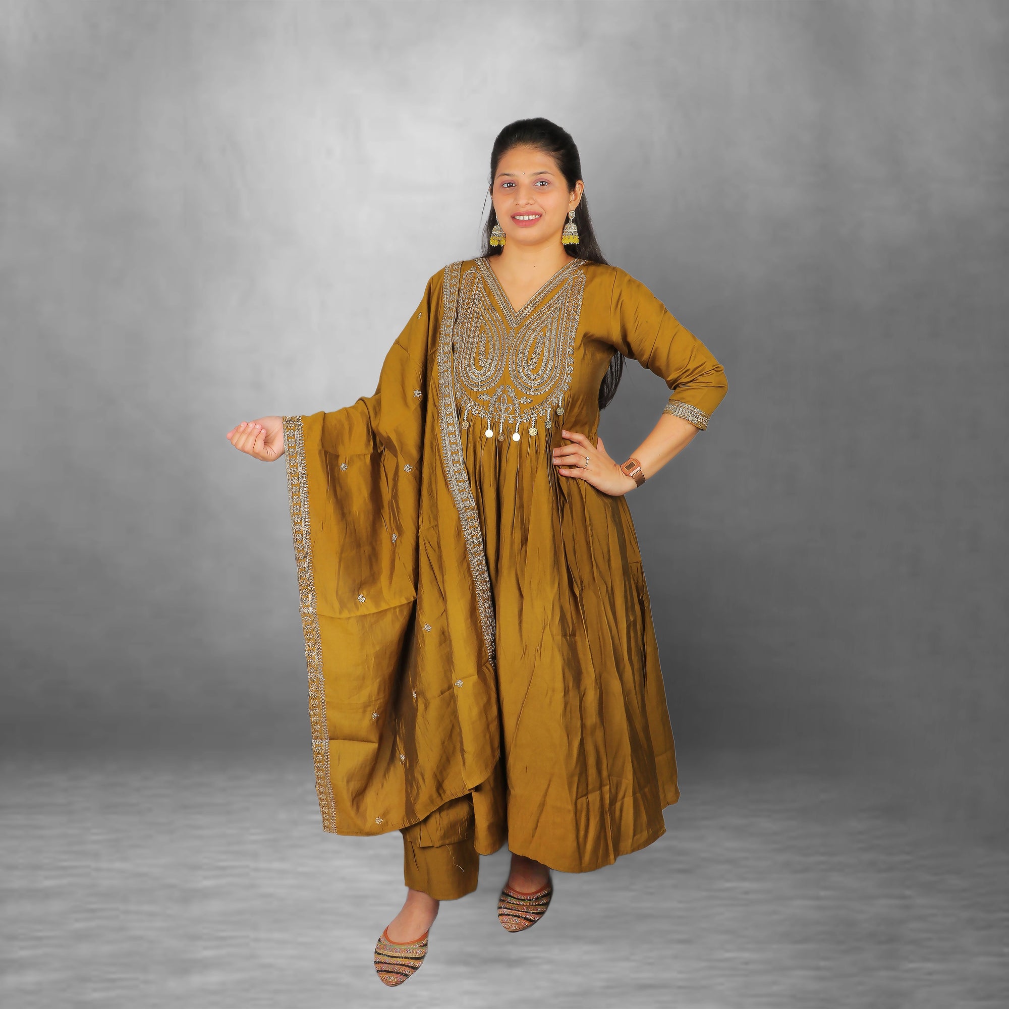Mustard Silk Blend Embroidered Anarkali Kurta Set