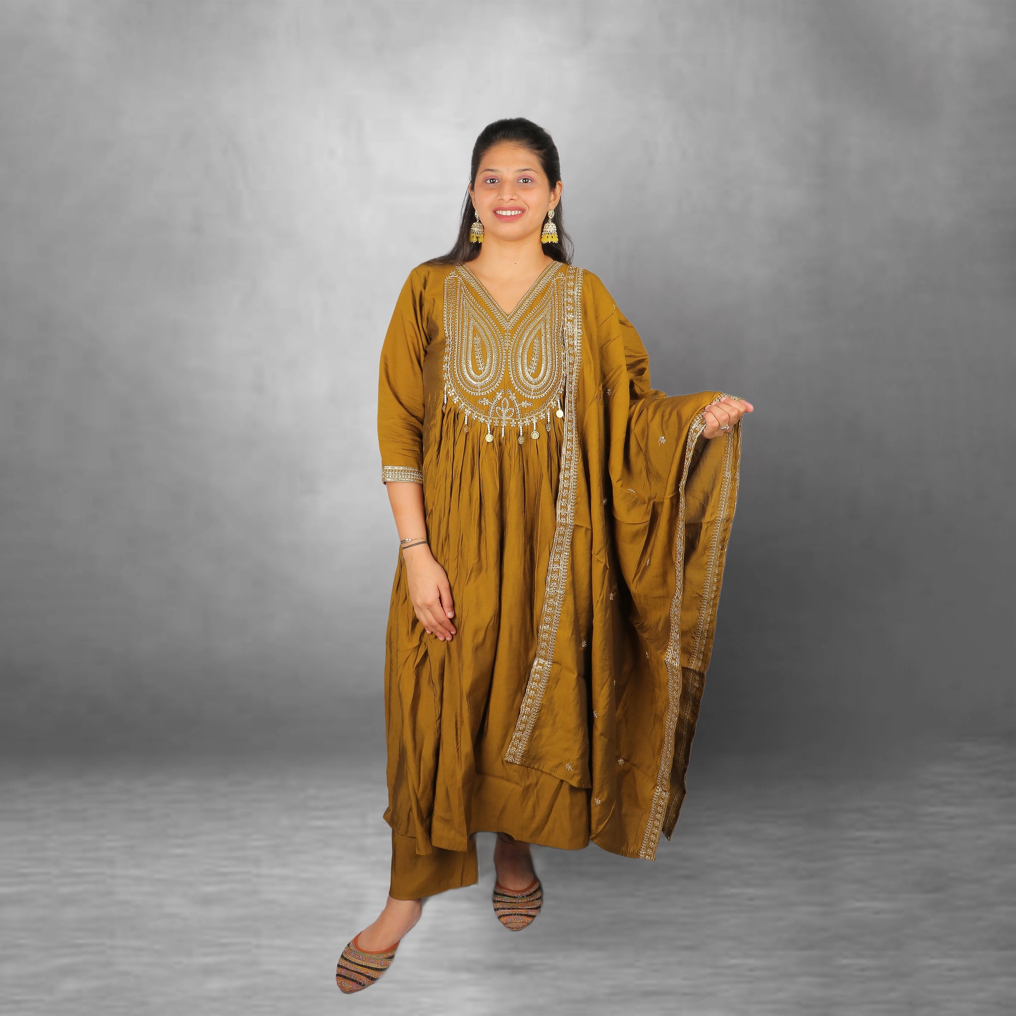 Mustard Silk Blend Embroidered Anarkali Kurta Set