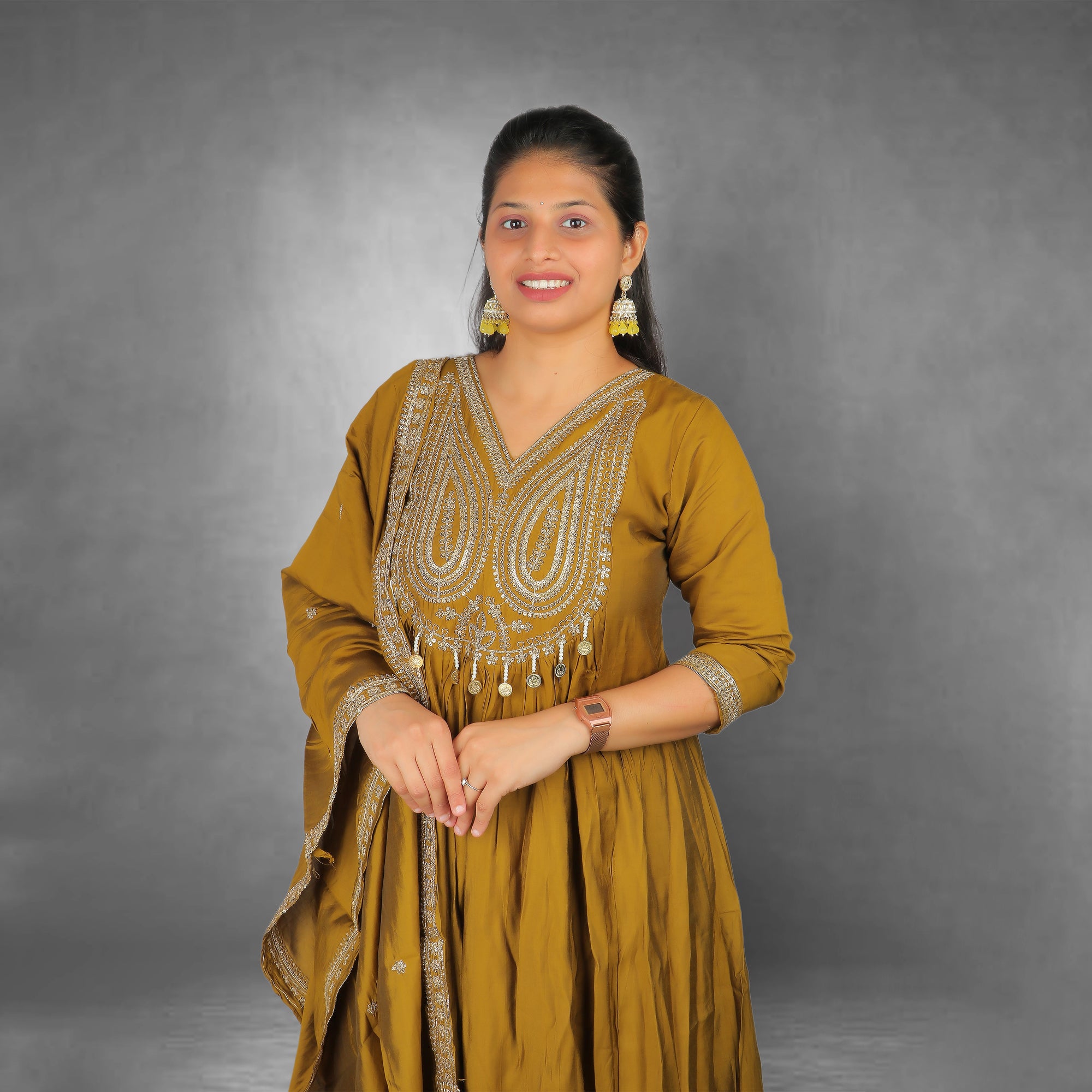 Mustard Silk Blend Embroidered Anarkali Kurta Set