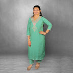 Elegant Sea Green Embroidered Roman Silk  Suit Set