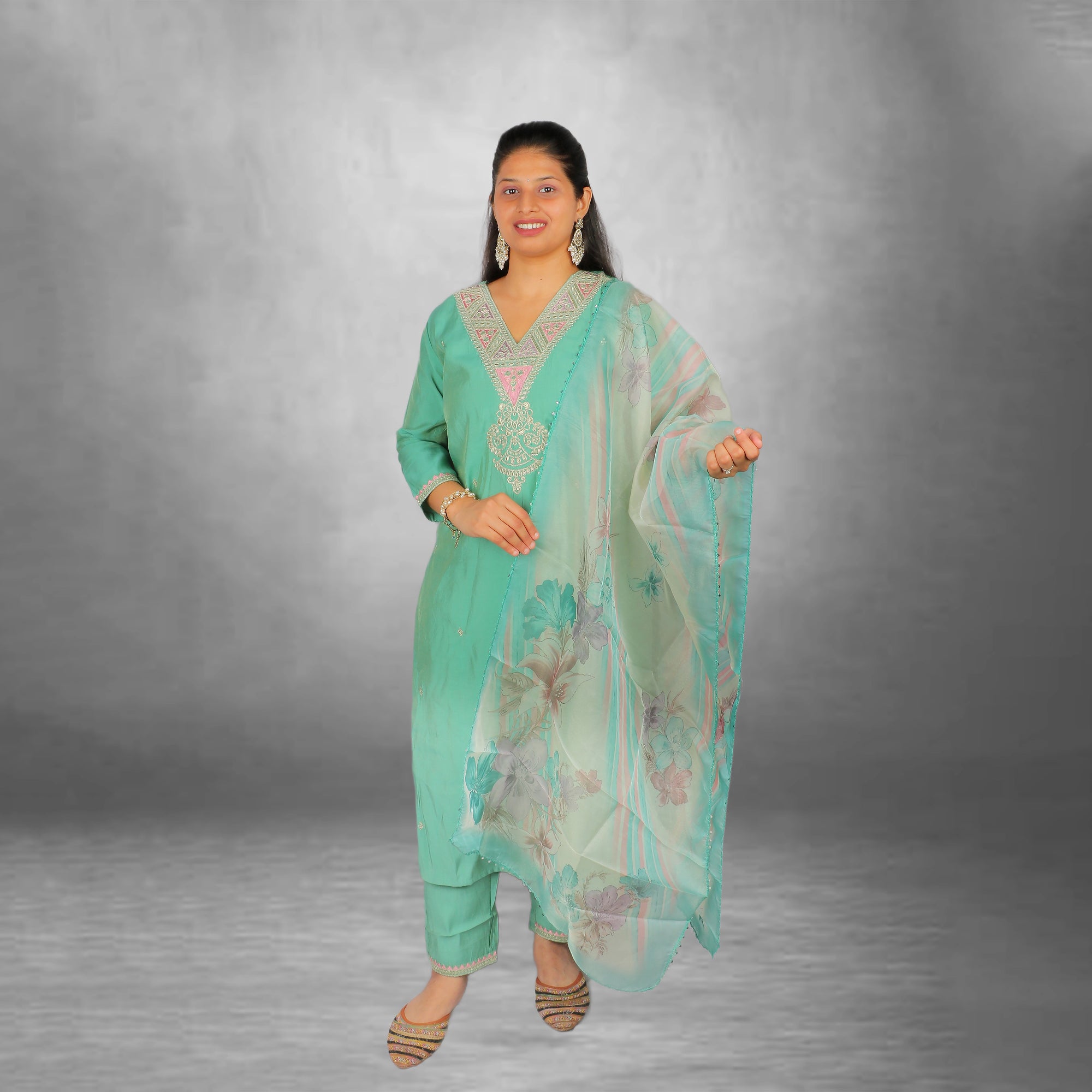 Elegant Sea Green Embroidered Roman Silk  Suit Set