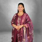 Elegant Maroon Floral Printed Roman Silk  Kurta Set