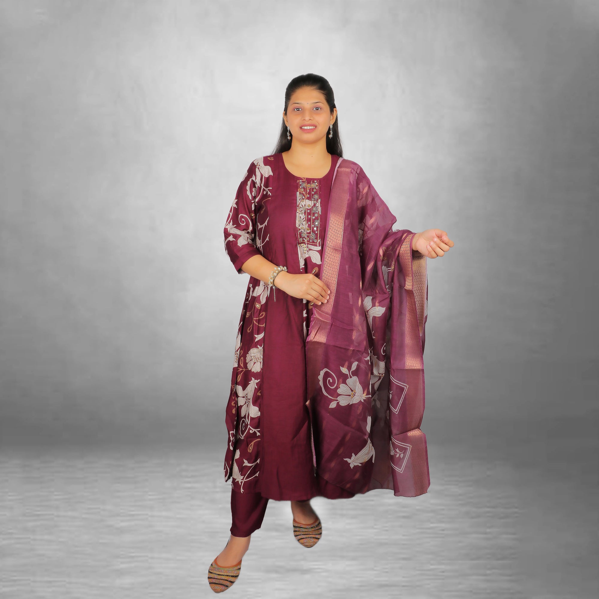 Elegant Maroon Floral Printed Roman Silk  Kurta Set