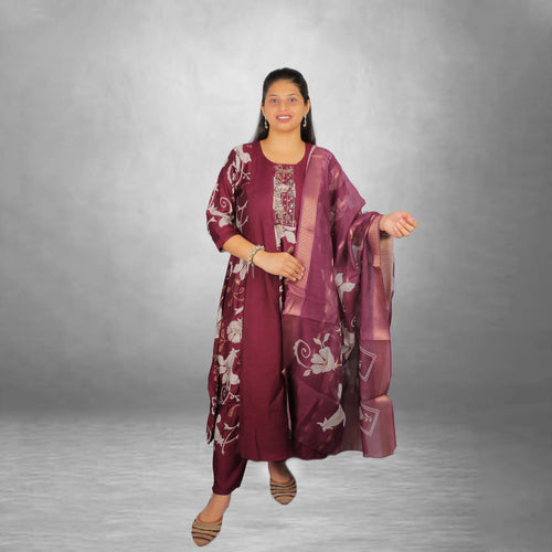 Elegant Maroon Floral Printed Roman Silk  Kurta Set