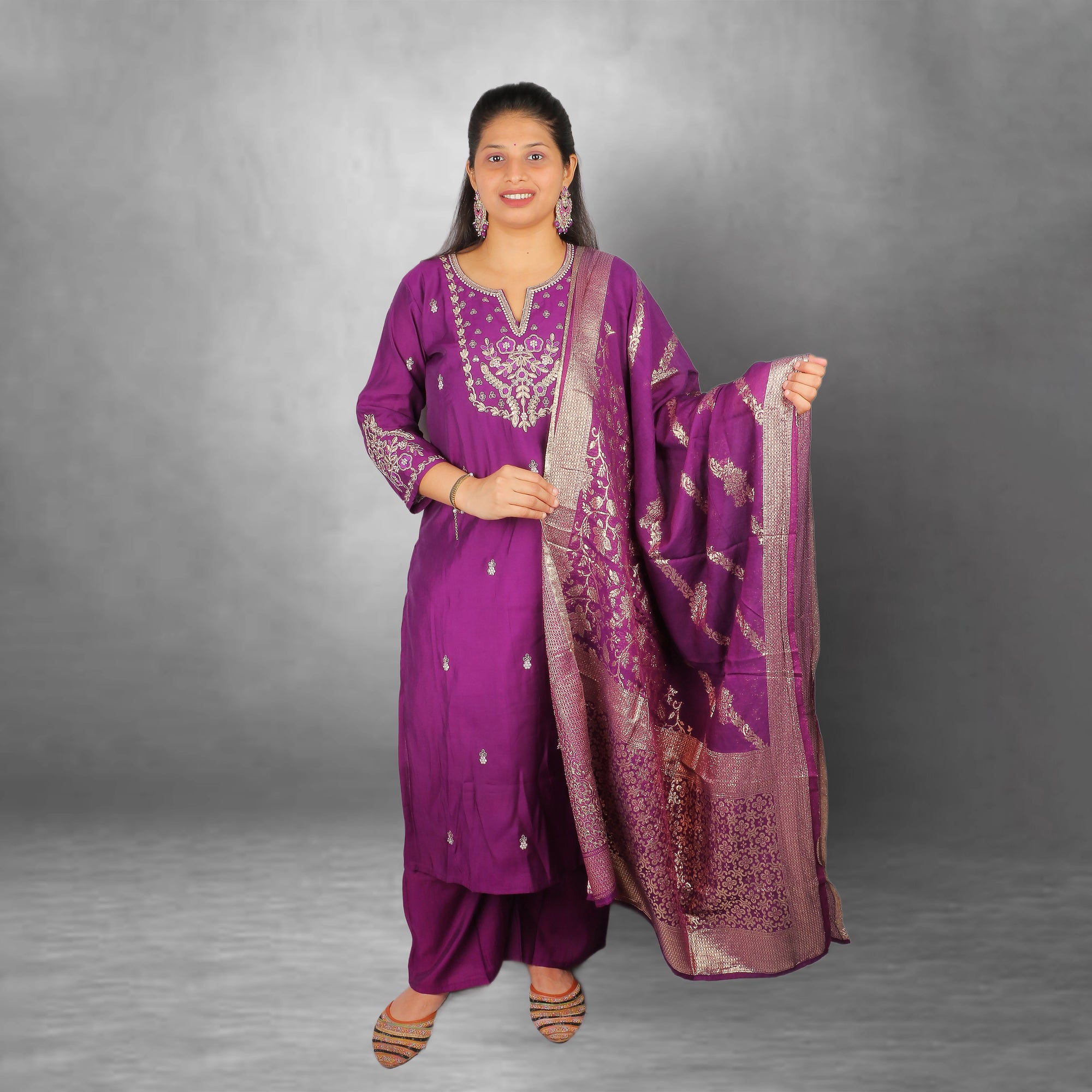 Royal Purple Embroidered Silk Kurta Set with Banarasi Dupatta